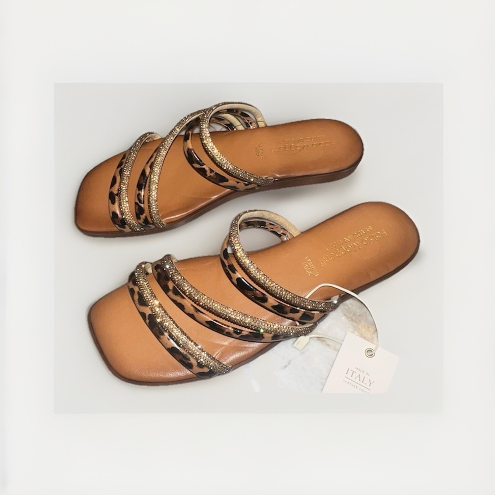 🔥 Fabio Maggenti Italian Sandals Size 9 Slides Wedges Leopard And Rhinestones